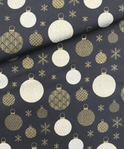 Baumwolldruck Webware ♡ Christbaumkugeln weiß, gold auf grau
