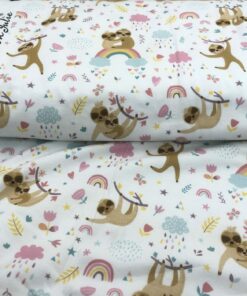 Baumwolljersey süße Faultiere und Regenbögen auf weiß 1