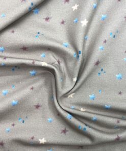 Baumwolljersey Sterne petrol/lila auf taupe 2
