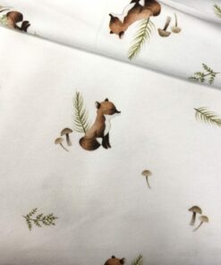 Baumwolljersey kleiner Fuchs mit Pilzen auf weiß 1