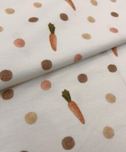 Baumwolljersey Karotten und Tupfen auf hellbeige, Herzenfroh Stoffe, Fräulein von Julie 1