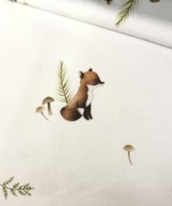 Baumwolljersey kleiner Fuchs mit Pilzen auf weiß