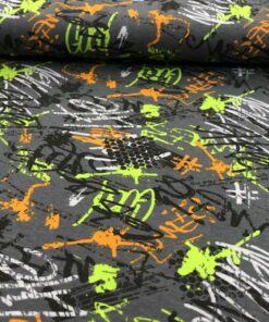 Baumwolljersey Graffiti in orange und grün auf dunkelgrau 1