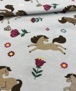 Baumwolljersey Pferdewiese auf silbergrau 1