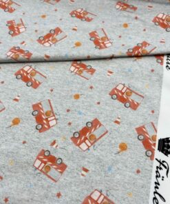 Baumwolljersey Feuerwehrauto auf hellgrau meliert