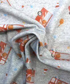 Baumwolljersey Feuerwehrauto auf hellgrau meliert 3