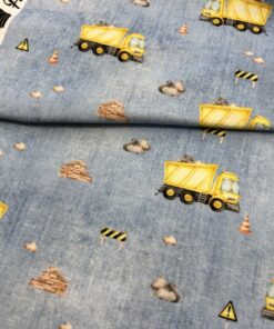 Baumwolljersey Lastwagen in gelb auf hellblauer Jeansoptik 1