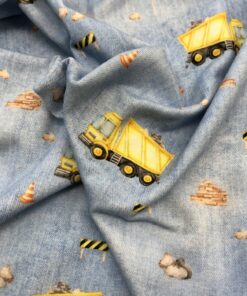 Baumwolljersey Lastwagen in gelb auf hellblauer Jeansoptik 3