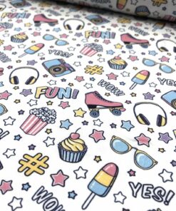 Baumwolljersey ♡ Rollschuhe, Sonnenbrille, Eis auf weiß 1