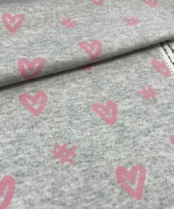 Baumwolljersey Herzen und Hashtags in rosa auf graumeliert 1