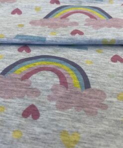 Baumwolljersey Regenbögen, pastell, grau meliert 2