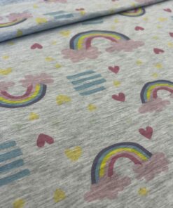 Baumwolljersey Regenbögen, pastell, grau meliert 1
