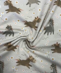  Baumwolljersey glückliche Pferde auf beige