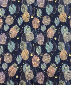 Baumwolljersey  Blätter in mint, lila, gold 1