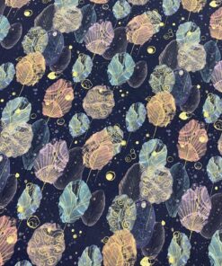 Baumwolljersey  Blätter in mint, lila, gold 2