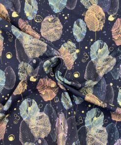 Baumwolljersey  Blätter in mint, lila, gold