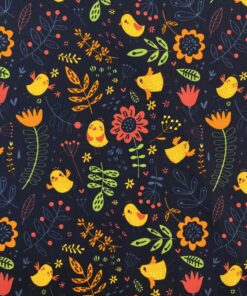 Baumwolljersey Küken und Blumen auf navy