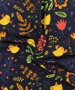 Baumwolljersey Küken und Blumen auf navy 1