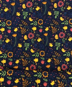 Baumwolljersey Küken und Blumen auf navy 3