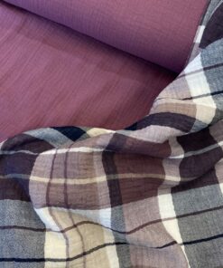 Musselin Double Gauze Karo in beere und grau