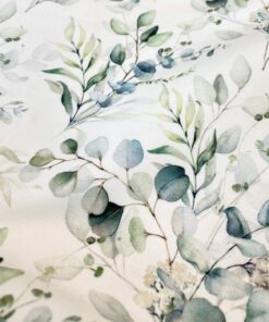 Baumwolljersey Eukalyptusblätter auf weiß