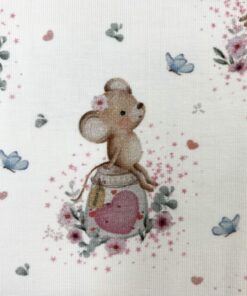 Baumwolljersey  kleine Maus mit Herz auf weiß