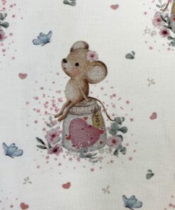 Baumwolljersey  kleine Maus mit Herz auf weiß
