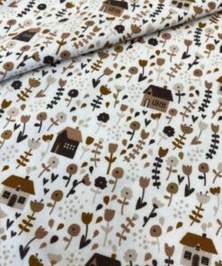 Baumwolljersey kleine brune Häuschen und Blumen