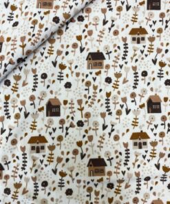 Baumwolljersey kleine brune Häuschen und Blumen