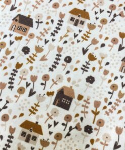 Baumwolljersey kleine brune Häuschen und Blumen