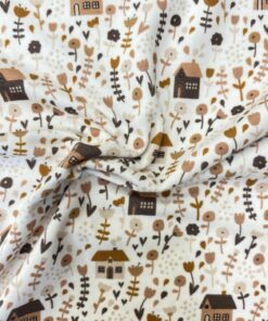 Baumwolljersey kleine brune Häuschen und Blumen