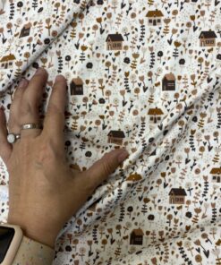 Baumwolljersey kleine brune Häuschen und Blumen