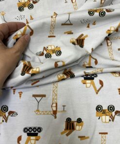 Baumwolljersey  Baufahrzeuge braun / gelb / grau