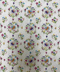 Baumwolldruck Webware mit Vögeln in Blumenkränzen