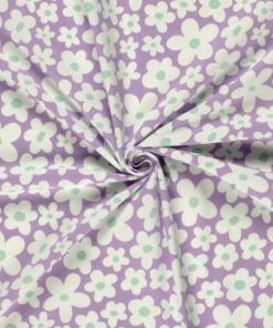 Baumwolljersey weiße Blüten auf lavendel