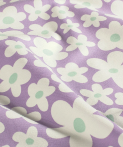 Baumwolljersey weiße Blüten auf lavendel