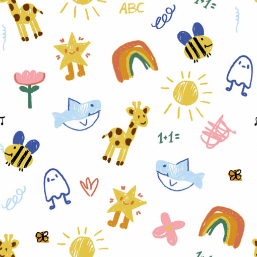 Baumwoll-Popeline ♡ Kinderzeichnung – Weiß mit Schrift – Oeko-Tex zertifiziert