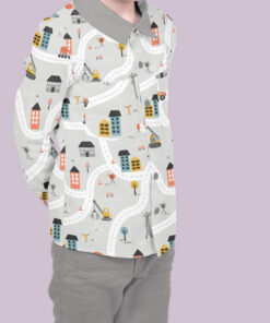 Baumwoll-Popeline mit Baustellenmotiv auf hellgrauem Hintergrund – Oeko-Tex zertifiziert