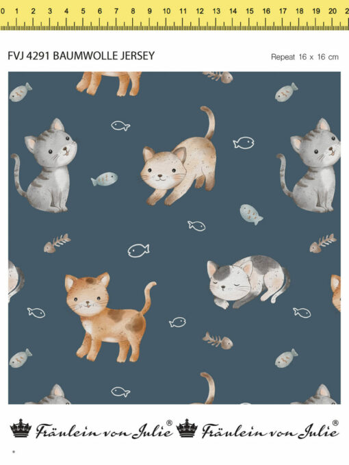 Baumwolljersey ♡ Katzen auf dunkelblau