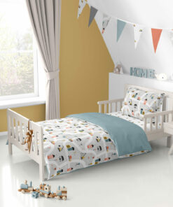 Baumwoll-Popeline mit Baustellenmotiv auf hellgrauem Hintergrund – Oeko-Tex zertifiziert