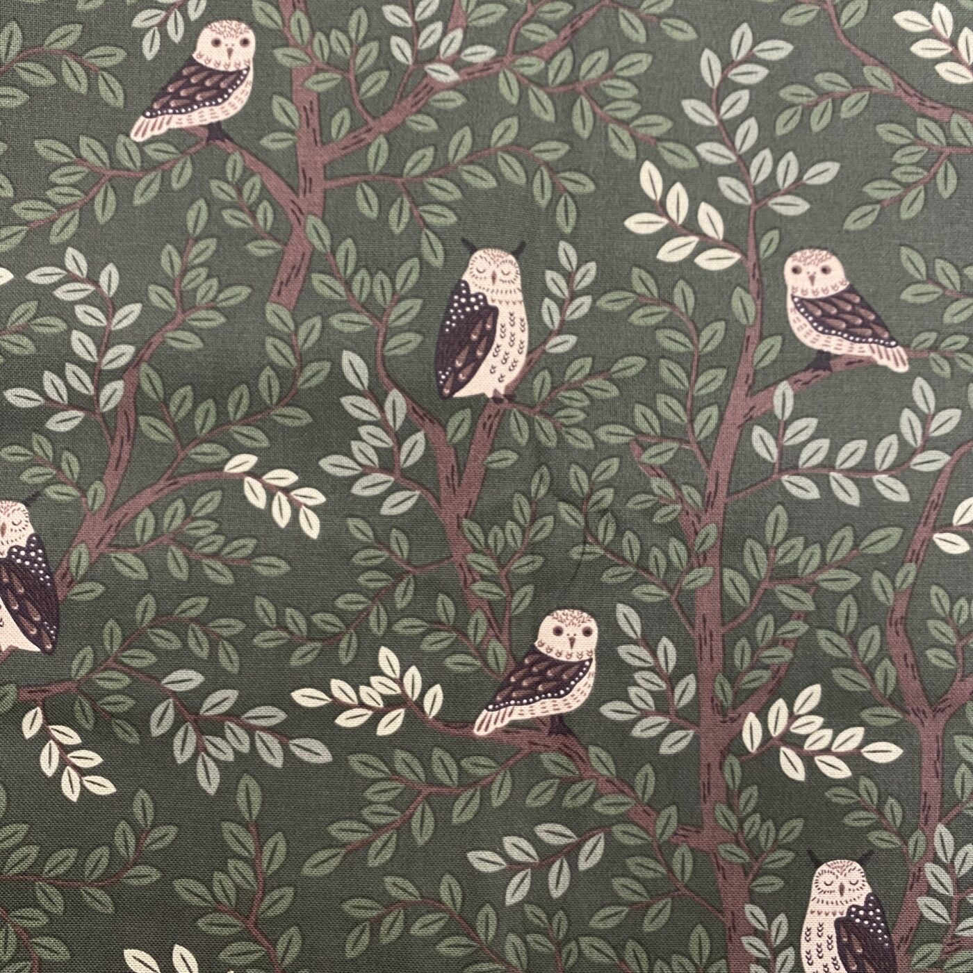 Dekostoff Halbpanama ♡ Waldeulen – dunkelgrün/schokolade