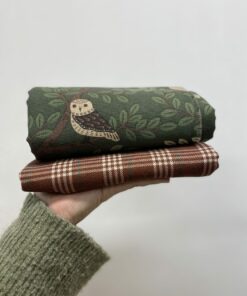 Dekostoff Halbpanama ♡ Waldeulen – dunkelgrün/schokolade